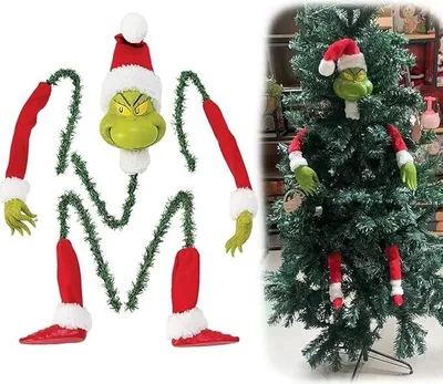 A collage showing a Grinch-themed Christmas tree decoration set laid out and then assembled on a Christmas tree.