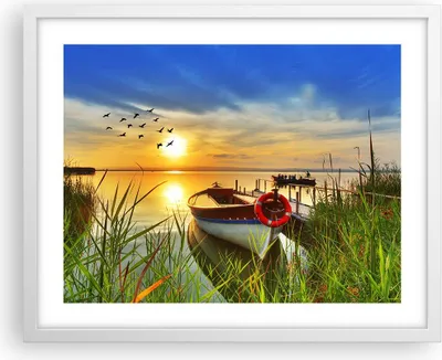 Produktbild von Gerahmtes Poster - Weißer Rahmen - Boot See Sonnenuntergang Sommer Menschen - 50x40 cm - Wand Bild - Wanddeko - Wandbilder - Wandposter - Bilderrahmen - Bilder - Kunstdruck - P2WAA50x40-3053