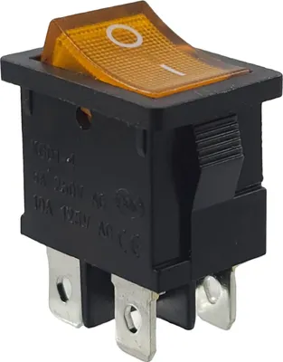 A single black and orange rocker switch with silver terminals, shown from a diagonal angle against a white background.