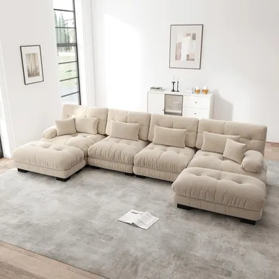 Produktbild von MODFU 4-Sitzer Polstersofa mit mit 2 Lendenkissen und 2 Dekokissen,U-förmiges Sofa,Loungesofa Chenille,mit 2 Ottoman,Modulares Sofa,Hellbraun