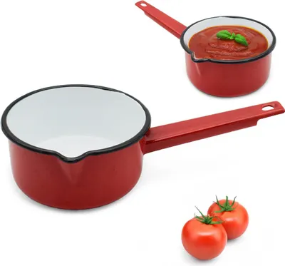 Zdjęcie produktu dla Rondel Tradycyjny 12cm Emaliowany Stalowy z Rączka Czerwony Nakrapiany 650ml