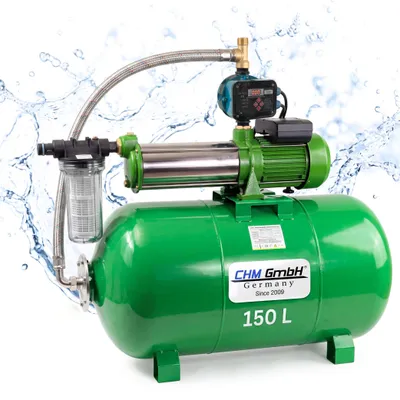 Produktbild von CHM GmbH® Hauswasserwerk 150 Liter 11 Bar Druck 8600 L/h mit einstellb. Druckschalter mit LED Display und Trockenlaufschutz, KI-generiertes Bild