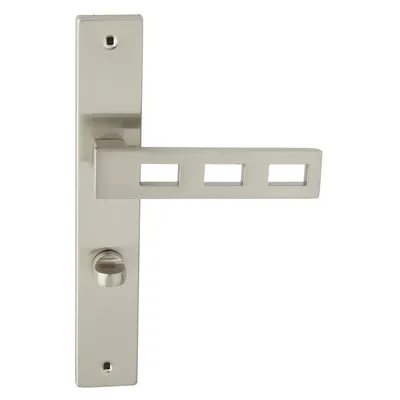 Produktbild von DOMINO Türgriff 78 Drückergarnitur WC - Badezimmer Set | Links & Rechts Türbeschlag für WC/Badezimmertüren | L-Form | Türbeschläge aus Aluminium |Silber Türdrückergarnitur| TRE M9