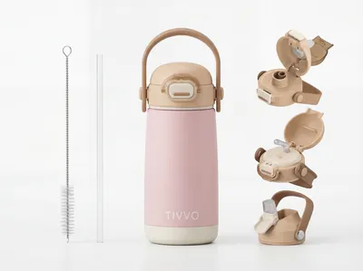 Produktbild von TIVVO Kinder Trinkflasche Edelstahl 420ml – Thermo Flasche mit 3 Verschlüssen, Auslaufsicher & BPA-Frei, Rosa