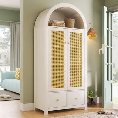 Produktbild von Merax Kleiderschrank mit Rattan und Bogenform, Schlafzimmerschrank mit 2 Türen und 2 Schubladen, Kleiderstange, Garderobenschrank Landhausstil,Weiß
