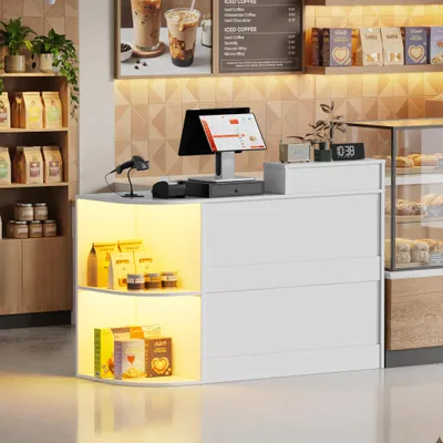Obrázek produktu pro Recepční pult s LED osvětlením, recepční pult ve tvaru L s přihrádkou na klávesnici a uzamykatelným úložným prostorem, 120 × 102,5 × 48 cm