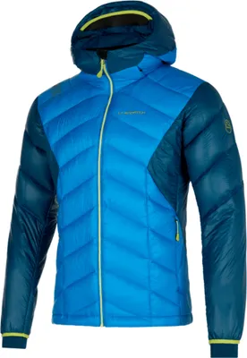 Aiguille Down Jkt M von La Sportiva; blaue Isolationsjacke mit Kapuze und gelben Akzenten.
