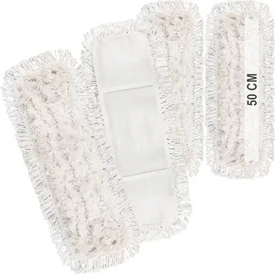 Four white mop heads with fringe edges are arranged on a white background.