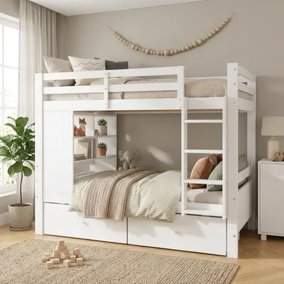 Produktbild von STILVORA Etagenbett 90x200 cm mit Leiter und 2 Schubladen, Stockbett aus Holz mit offenem Regal, Kinderbett platzsparend für 2 Kinder, Weiß, KI-generiertes Bild