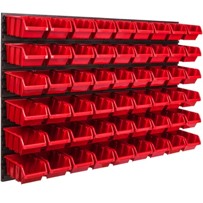 Image de Panneau à outils mural 115,2 x 78 cm avec 54 pcs. Boîtes suspendues Boîtes rouges Système de stockage