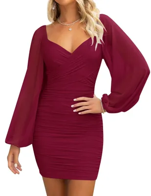 Produktbild von ZESICA Damen y V-Ausschnitt Gerafft Bodycon Minikleid Puff Langarm Cocktail H
