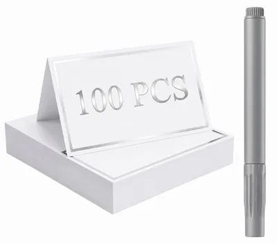 100 blanko Tischkarten mit silbernem Rahmen + Marker