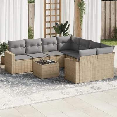 Produktbild von CLORIS 9-tlg. Garten-Sofagarnitur - mit Kissen - Beige Poly Rattan - Gartenmöbelgarnituren LL0000256731