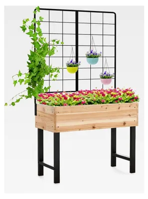 Produktbild von Hochbeet mit Spalier, Blumenbeet mit Drainagespalten, Pflanzkasten aus Holz, Blumenkasten mit Rankgitter für Kletterpflanzen, Garten Balkon Terrasse, Metallrahmen, 79 x 35 x 138 cm
