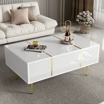 Produktbild von okwish Couchtisch Rechteckig,Hochglanz Beistelltisch für Schlafzimmer, Wohnzimmertische mit Stauraum fürs Wohnzimmer, Beistelltisch mit 2 Schubladen, Weiß