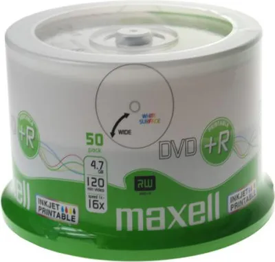 Zdjęcie produktu dla Maxell MAXELL Disc DVD+R 4.7GB  50 pcs. in a cake package (pindel). Writing speed 16X  120 min.  Plates for inkjet printing. Purpose Multimedia.