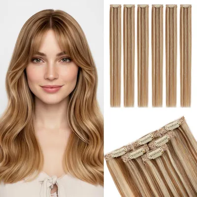 Obrázok produktu pre Clip-in predlžovanie vlasov, prírodné vlasy, 6 kusov, 45 cm, svetlohnedá/blond, 44 g