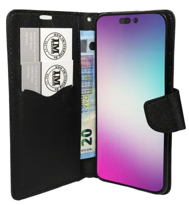 Produktbild von Buch Tasche "Fancy" kompatibel mit iPhone 14 Pro Max Handy Hülle Etui Brieftasche Schutzhülle mit Standfunktion, Kartenfach Schwarz