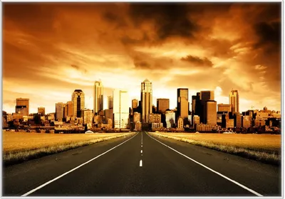Produktbild von Wallario Wandbild Skyline am Ende der Straße, Größe: 70,30 x 100,30 cm, Poster mit weißem Kunststoffrahmen