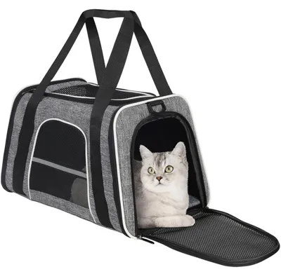 Obrázek produktu pro Transportní box pro kočky, prodyšný, skládací, se šroumovým popruhem, šedý, rozměry 46x29x30 cm