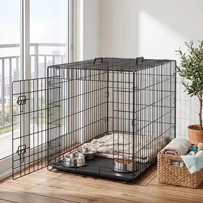 Produktbild von FEANDREA Hundebox Faltbar aus Stahl mit 1 Tür 107 x 70,6 x 70,6 cm Schwarz