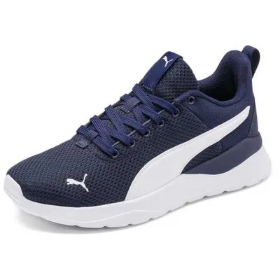 A single navy blue Puma athletic shoe with a white stripe is shown against a white background.