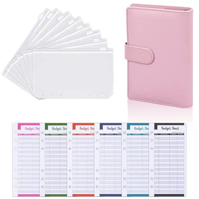 Productafbeelding van Budgetplanner A6, ringboek, geldorganizer, notitieboek van kunstleer met 8 geldzakjes en 12 budgetbladen, roze