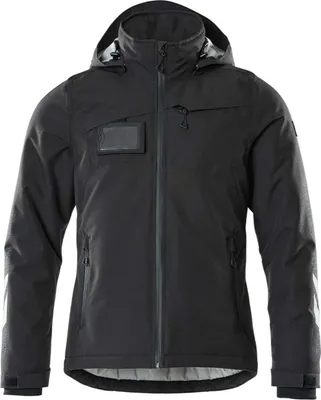 A black winter jacket is shown against a white background.