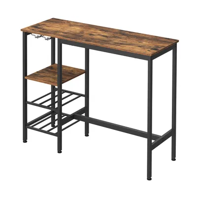 A bar table with shelves and wine glass holders.