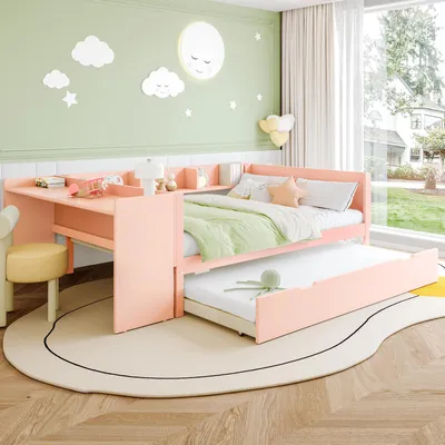Obrázok produktu pre Merax rozkladacia pohovka 140x200 cm, s výsuvným lôžkom, písacím stolom, úložným priestorom, borovica, detská posteľ, drevená posteľ, rozkladacia posteľ, plochá posteľ, posteľ pre mladých, ružová