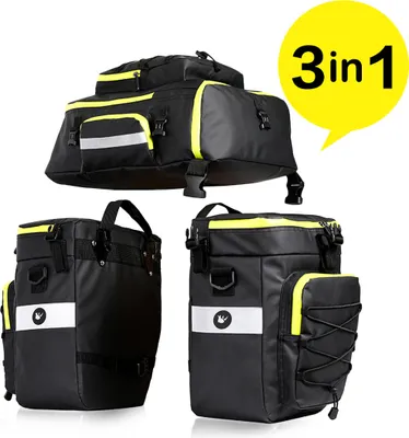 Produktbild von Rhinowalk 3in1 hochwertige Fahrradtasche / Gepäckträgertasche Schwarz/Gelb
