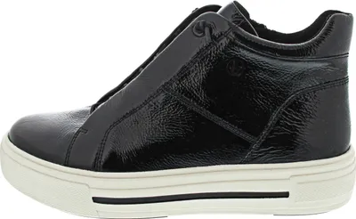 A side view of a black high-top sneaker with a patent leather finish and a white sole.