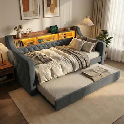 Image de LVHOM Lit de jour extensible 90x190cm avec espace de rangement, USB et LED, Canapé-lit avec lit extensible, Daybed en velours avec sommier à lattes, Daybed avec boutons, Gris