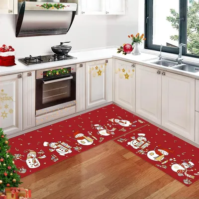 Produktbild von Küchenteppichläufer 2-teilig 40 x 60 + 40 x 120 cm Weihnachtsmotiv Schneemann Rot Waschbar Rutschfest