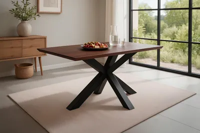Produktbild von Esszimmertisch Rita | 120 x 80 cm | Akazienholz massiv | Kastanienfarbig | Schweizer Kante | Spider-Gestell Metall Schwarz | pflegeleichter Esstisch/Holztisch für Esszimmer & Küche