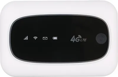 A white mobile WiFi router with a black screen displaying icons and text.