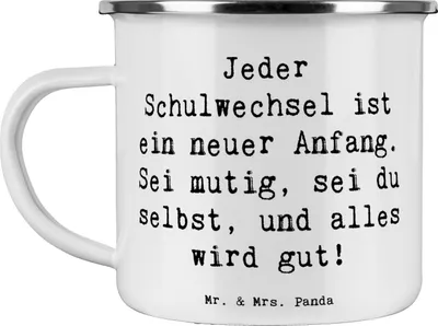 Produktbild von Mr. & Mrs. Panda Teetasse Spruch Einen Schulwechsel bewältigen - Weiß - Geschenk, Outdoor Becher, Trost, Neuanfang, Mutmacher, neue Abenteuer, Emaille Tasse, Haferl, Mut