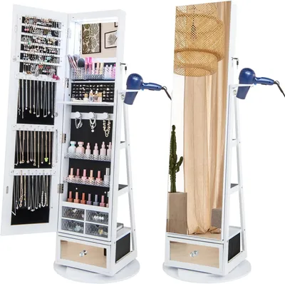 Produktbild von GOPLUS Drehbarer Schmuckschrank mit Ganzkörperspiegel, Schmuckorganizer mit LED-Beleuchtung, Haartrocknerständer, Spiegelschrank Schmuck (Weiß)