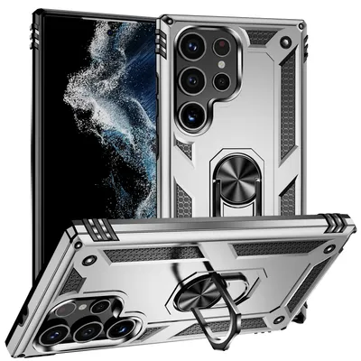 Produktbild von Schutzhülle für Samsung Galaxy S24 Ultra, Dual Layer Robust Militäre Fallschutz Hülle mit Ringhalterung Ständer Silber