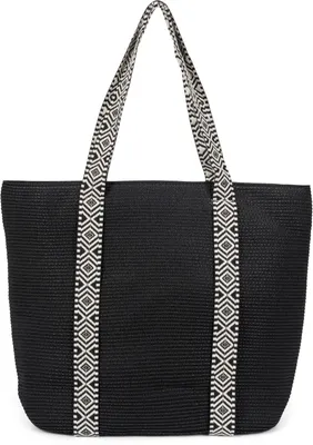 Produktbild von styleBREAKER Papierstroh Strandtasche mit Azteken Muster Bändern | Damen Flechttasche mit Reißverschluss | 50 x 37 x 13 cm