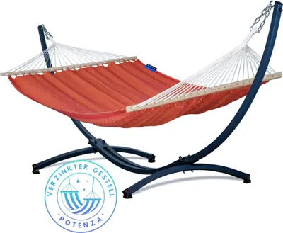 Produktbild von Potenza Outdoor Hängematte mit Verzinkter Gestell für 2 Personen I 100% Baumwolle Medelin Stabhängematte 215x140, 160kg I Hängemattengestell 220kg, wetterfest