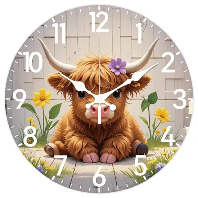 Obrázek produktu pro Omgoods - Nástěnné hodiny s motivem skotského dobytka Highland, 30 cm - Stylový a dekorativní doplněk do domácnosti i kanceláře
