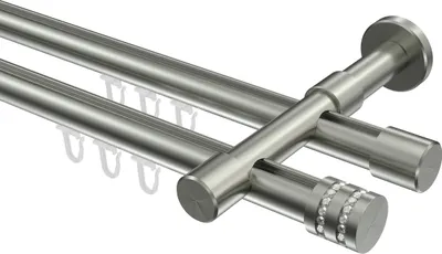 Produktbild von Interdeco Innenlaufstange / Gardinenstange mit Innenlauf Edelstahl-Optik, Typ Prestige Estana (Glitzerkappe), 20 mm Ø 2-läufig, 100 cm