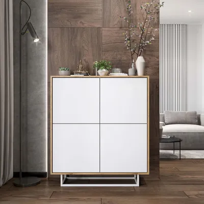 Produktbild von TV Kommode Apollo Lindner Möbel, Kommode, TV Sideboard und Schubladenschrank, 4 Türen, in Wotan Eiche matt und Weiß matt, Maße 113 x 35 x 127 cm