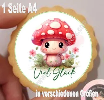 Produktbild von Glücksbringer Fliegenpilz Aufleger klein 1 Seite A4 für Lebkuchen, Cupcakes, Kekse, Kuchen in gewünschtem Durchmessern Oblatenpapier 0,6 Wafer Paper Ausstanzung rund nur in Standardgrößen möglich 3,8 cm 35 Stk.