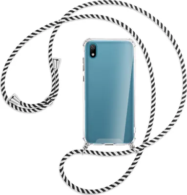 Produktbild von Handykette Backcover-Schutzhülle mit Band (Metall silberfarben) für Huawei Y5 2019 - schwarz/weiß gestreift