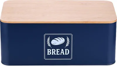 Produktbild von Relaxdays Brotkasten, Bambusdeckel, Metall, HBT: 13,5 x 33 x 19 cm, Retro Brotaufbewahrungsbox, Brotbehälter, dunkelblau
