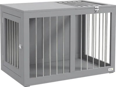 Produktbild von PawHut Hundekäfig für Zuhause, Hundehütte, Haustierkäfig für mittelgroße Hunde, Hundebox mit Türen, Hundehaus, Transportkäfig, Grau, 80 x 50 x 56,5 cm