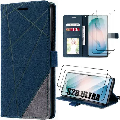 Image de Coque + 2 Verres Trempés pour Samsung Galaxy S26 Ultra, Protection 360 CuirPolyuréthaneMotif Rayures - Bleu Marine