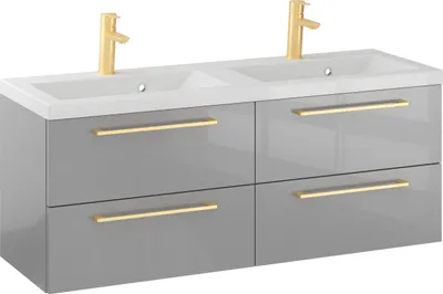 Produktbild von Rosen 120.2 cm Badezimmerschrank in Grau Hochglanz mit Waschbecken und Griffen in Edelstahl gebürstet - Zeitloses Design